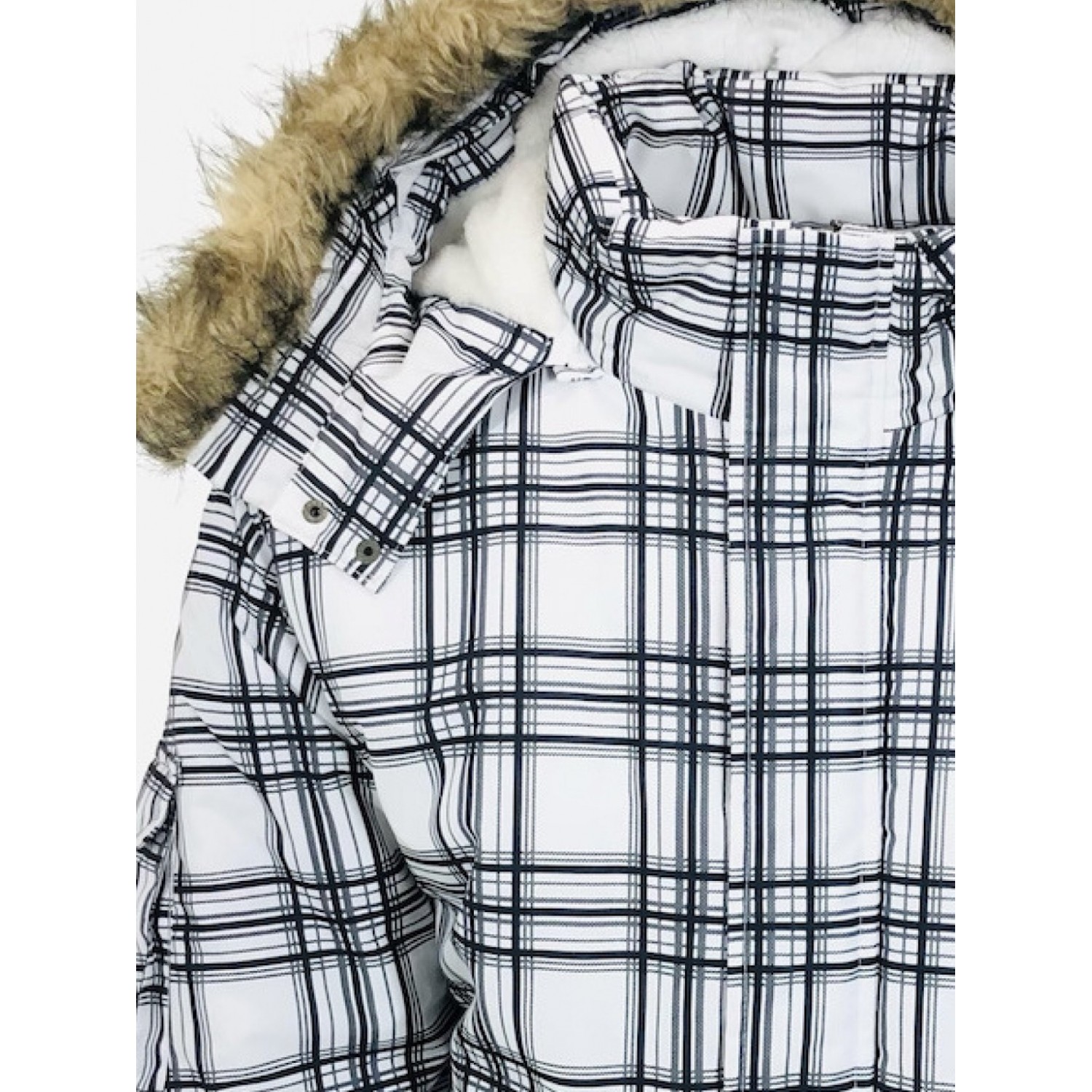 Life Style Butiken Ανδρικό Μπουφάν με κουκούλα λευκό καρό με γούνα στην κουκούλα LS18600D