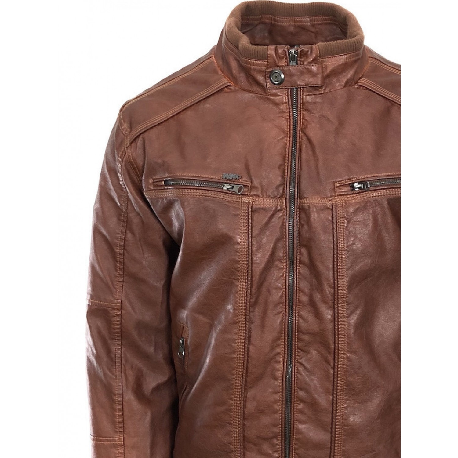 Ανδρικο μπουφάν δερματινάκι καφέ με τρουκ στο λαιμό και φερμουάρ στο στήθος τεχνόδερμα Tresor 2982 Florida