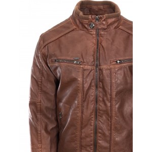 Ανδρικο μπουφάν δερματινάκι καφέ με τρουκ στο λαιμό και φερμουάρ στο στήθος τεχνόδερμα Tresor 2982 Florida