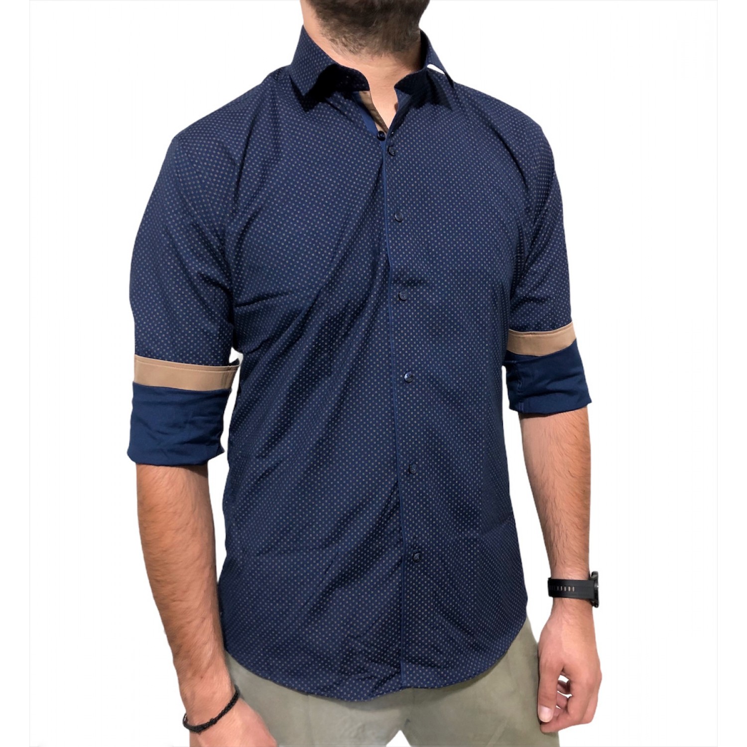 Ανδρικο μακρυμάνικο ελαστικό πουκαμισο στενή γραμμή με μικροσχέδια CND 8700 ΜΠΛΕ