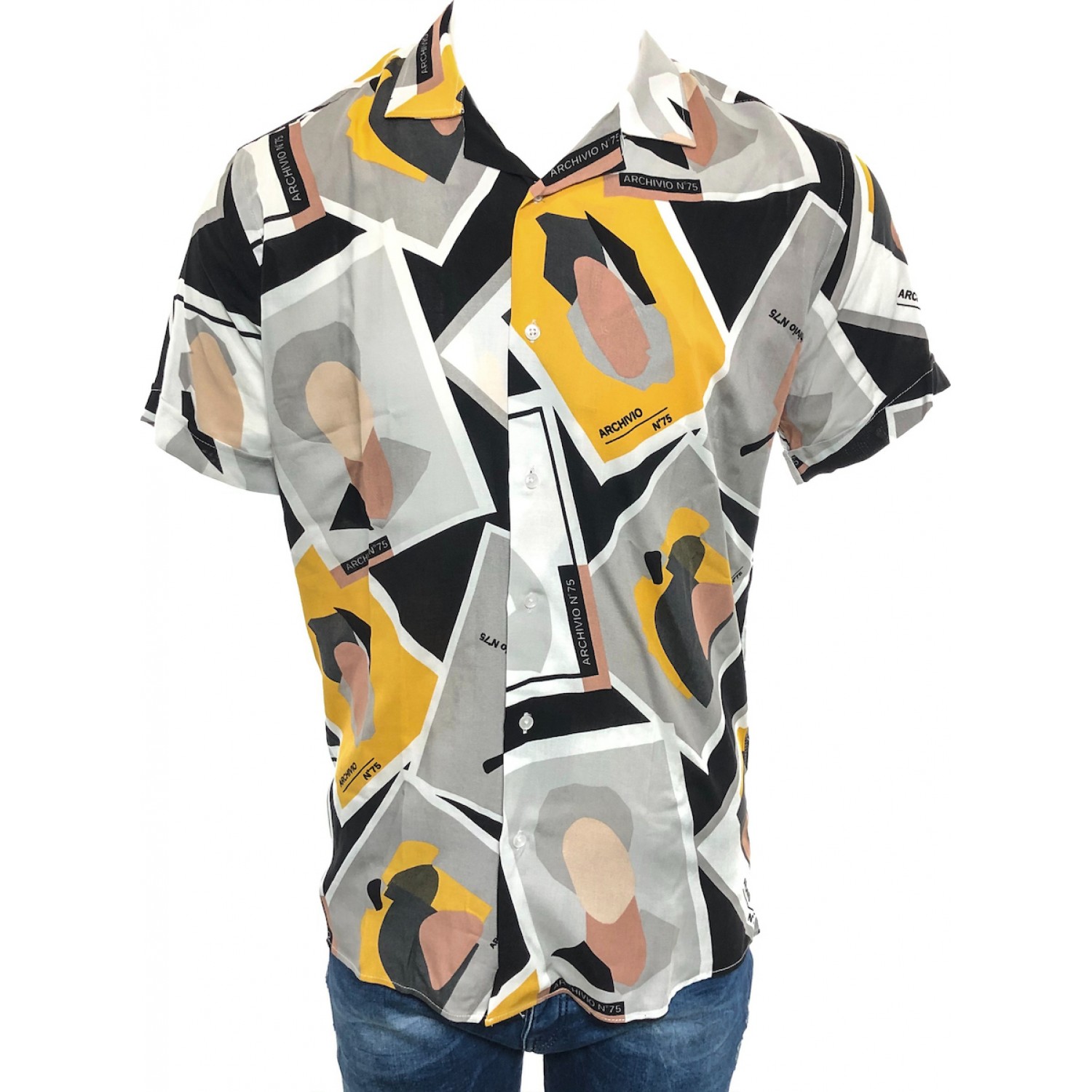 Ανδρικό κοντομάνικο πουκαμισο εμπριμέ φλοραλ σχεδιαστό CND 9000 ΓΚΡΙ ΜΕ ΚΙΤΡΙΝΟ