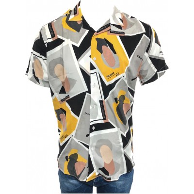 Ανδρικό κοντομάνικο πουκαμισο εμπριμέ φλοραλ σχεδιαστό CND 9000 ΓΚΡΙ ΜΕ ΚΙΤΡΙΝΟ