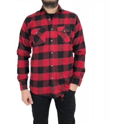 Ανδρικο φανελένιο πουκαμισο στενή γραμμή καρο με τσέπες στο στήθος CND 1500 ΚΟΚΚΙΝΟ