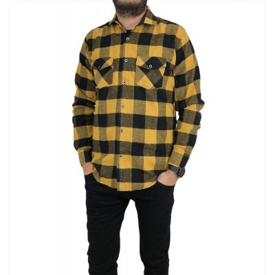 Ανδρικο φανελένιο πουκαμισο στενή γραμμή καρο με τσέπες στο στήθος CND 1500 ΚΙΤΡΙΝΟ