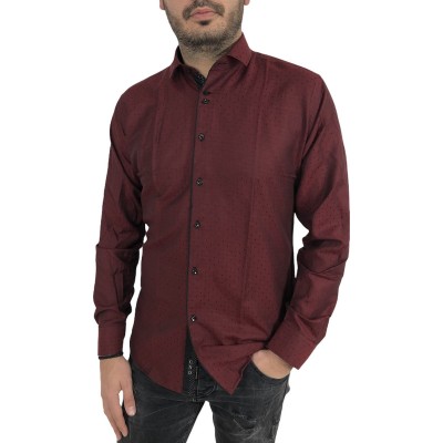 1700 Ανδρικό Πουκάμισο με Στενή Γραμμή Μακρυμάνικo Μπορντό