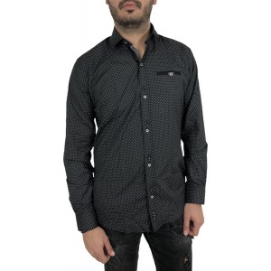 Ανδρικό μακρυμάνικο πουκαμισο Στενής γραμμής με ελαστικό ύφασμα σε χρωμα μαύρο με γκρι σχέδια εμπριμέ CND 1600 ΜΑΥΡΟ