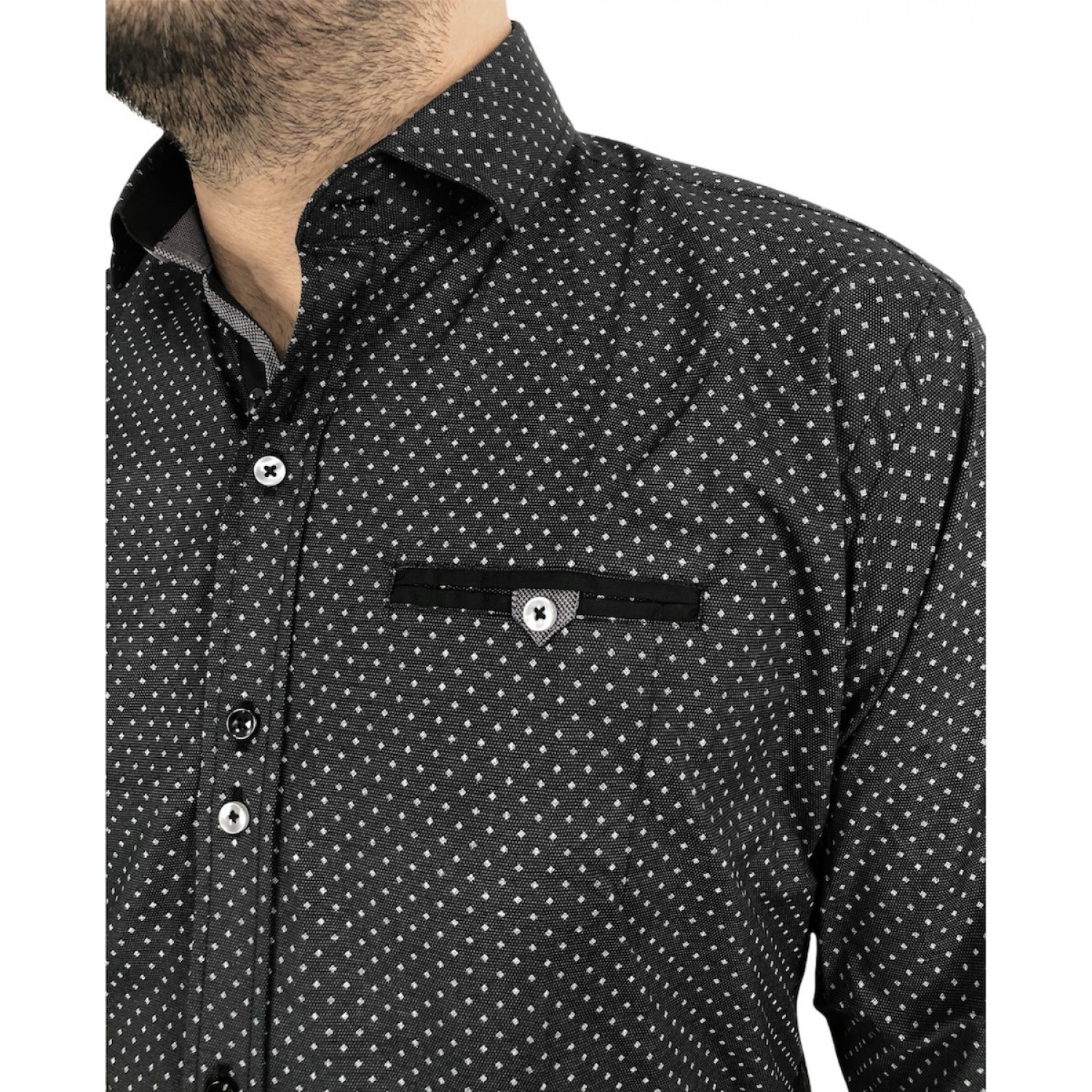 Ανδρικό μακρυμάνικο πουκαμισο Στενής γραμμής με ελαστικό ύφασμα σε χρωμα μαύρο με γκρι σχέδια εμπριμέ CND 1600 ΜΑΥΡΟ