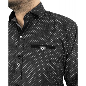 Ανδρικό μακρυμάνικο πουκαμισο Στενής γραμμής με ελαστικό ύφασμα σε χρωμα μαύρο με γκρι σχέδια εμπριμέ CND 1600 ΜΑΥΡΟ