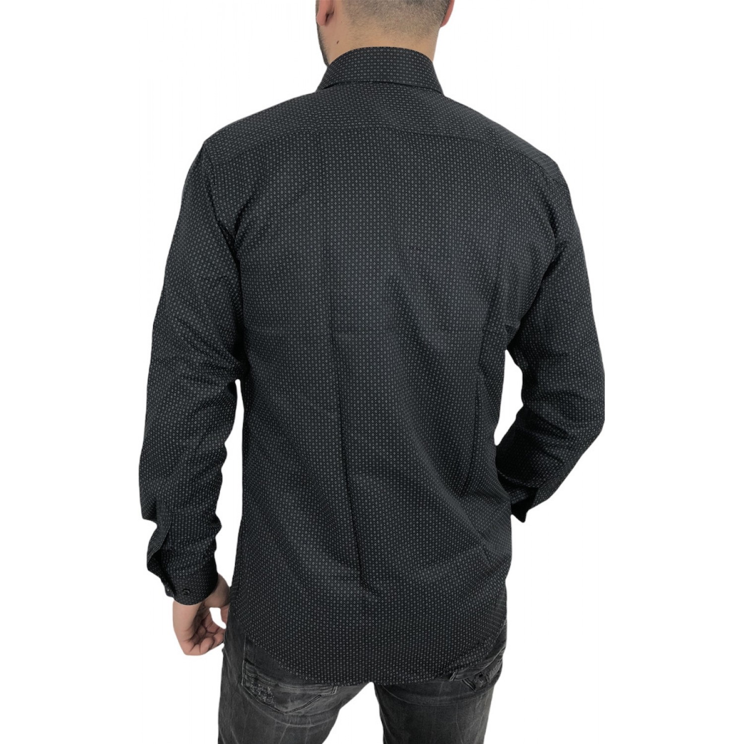 Ανδρικό μακρυμάνικο πουκαμισο Στενής γραμμής σε χρωμα μαύρο με γκρι μικροσχέδια εμπριμέ CND 1800 ΜΑΥΡΟ