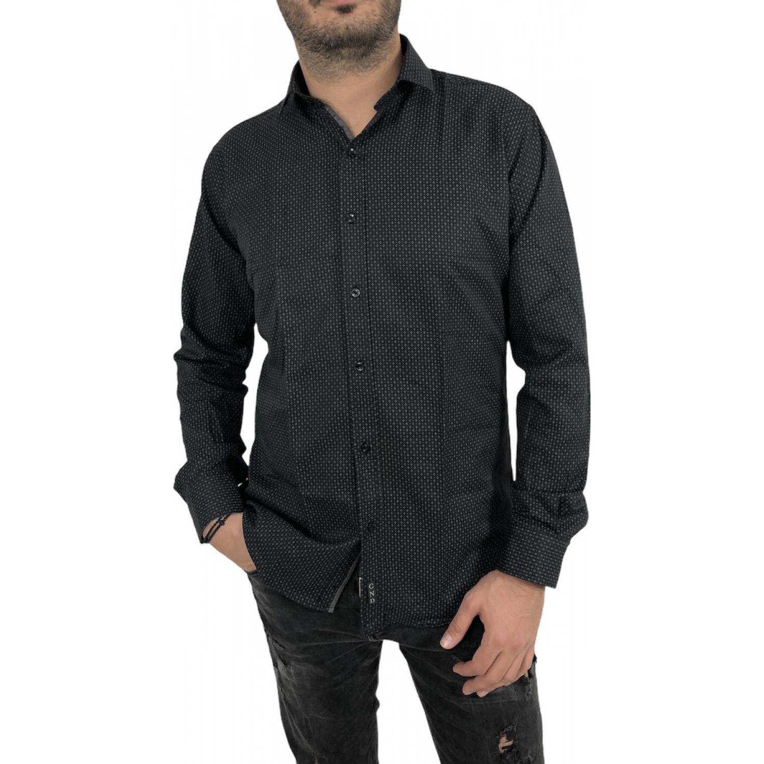 Ανδρικό μακρυμάνικο πουκαμισο Στενής γραμμής σε χρωμα μαύρο με γκρι μικροσχέδια εμπριμέ CND 1800 ΜΑΥΡΟ