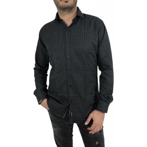 Ανδρικό μακρυμάνικο πουκαμισο Στενής γραμμής σε χρωμα μαύρο με γκρι μικροσχέδια εμπριμέ CND 1800 ΜΑΥΡΟ