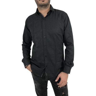 Ανδρικό μακρυμάνικο πουκαμισο Στενής γραμμής σε χρωμα μαύρο με γκρι μικροσχέδια εμπριμέ CND 1800 ΜΑΥΡΟ