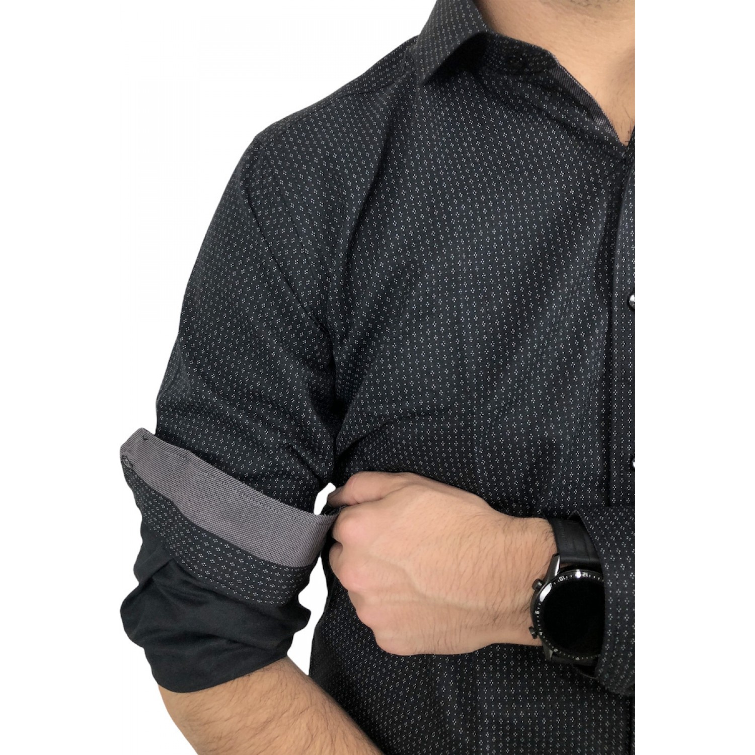 Ανδρικό μακρυμάνικο πουκαμισο Στενής γραμμής σε χρωμα μαύρο με γκρι μικροσχέδια εμπριμέ CND 1800 ΜΑΥΡΟ