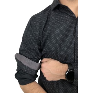 Ανδρικό μακρυμάνικο πουκαμισο Στενής γραμμής σε χρωμα μαύρο με γκρι μικροσχέδια εμπριμέ CND 1800 ΜΑΥΡΟ