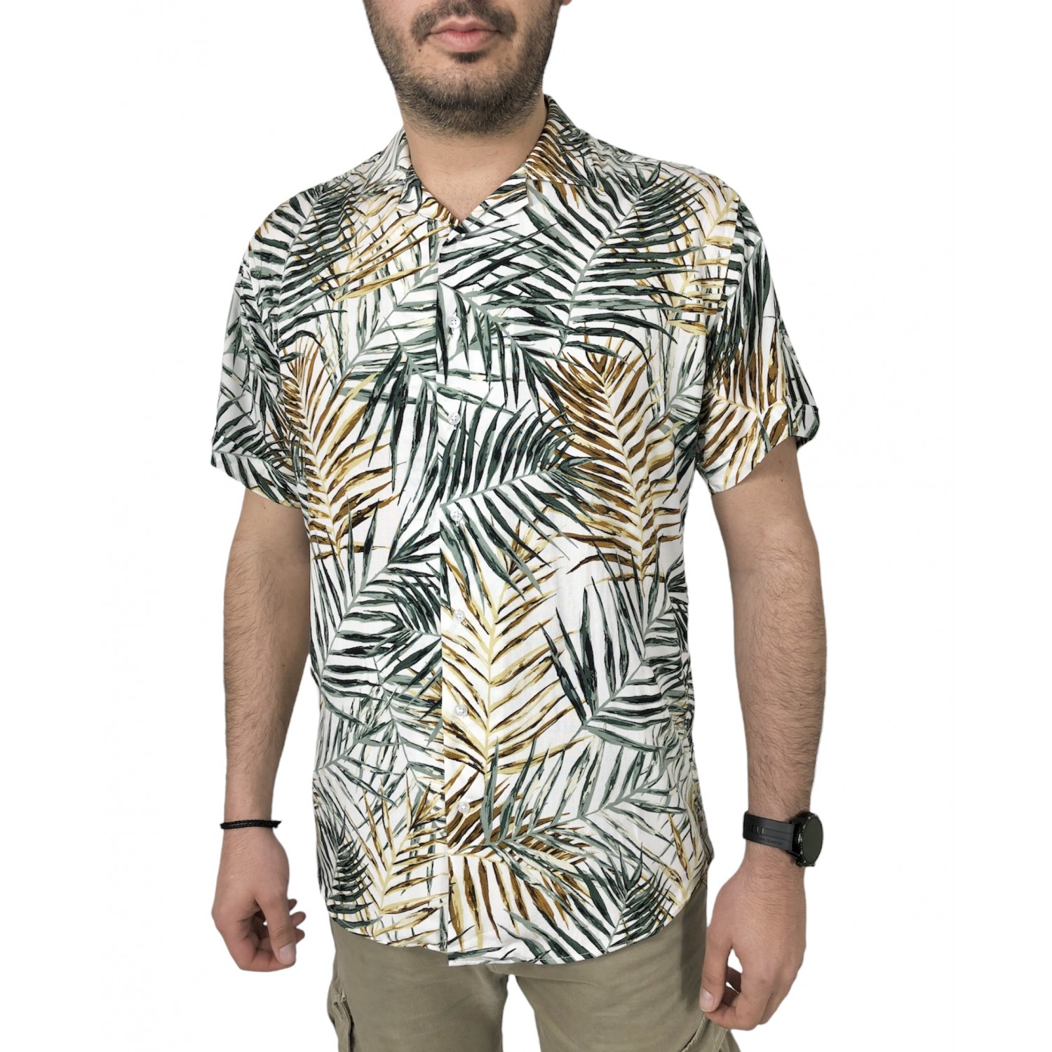 Ανδρικό κοντομάνικο πουκάμισο φλοράλ CND 3900 Λευκό με πράσινο