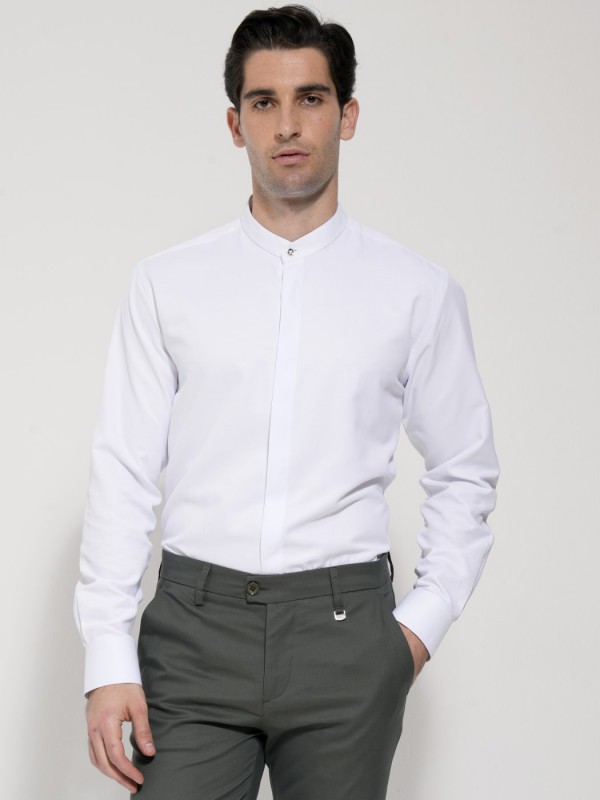Life Style Butiken  LS33-7422 Λευκό Ανδρικό Μάο Μακρυμάνικο πουκάμισο Slim Fit