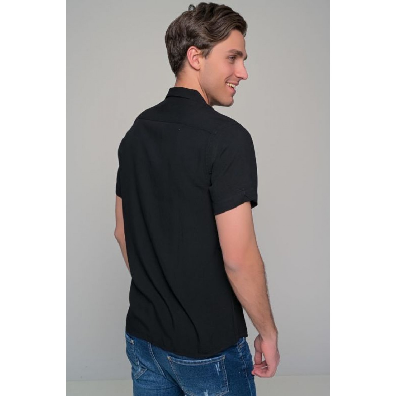 Dash & Dot Ανδρικό κοντομάνικο μονόχρωμο πουκάμισο 22411 Μαύρο