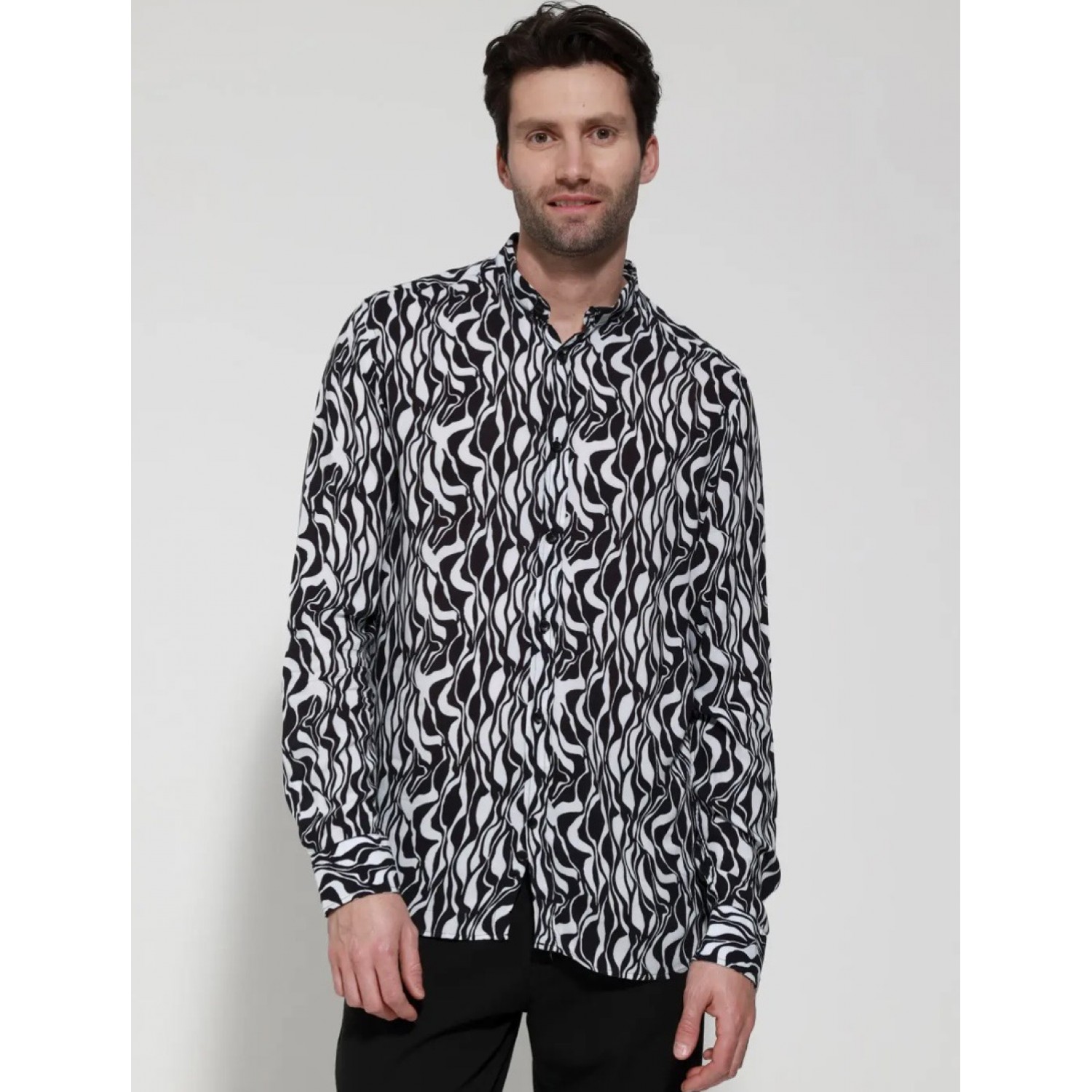 Life Style Butiken Ανδρικό Μακρυμάνικο πουκάμισο με Μάο γιακά LS133-7403 White-Black