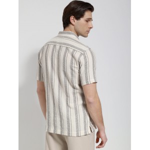 Life Style Butiken Ανδρικό Λινό Πουκάμισο Ριγέ με Κοντό Μανίκι LS133-7935 Μπέζ