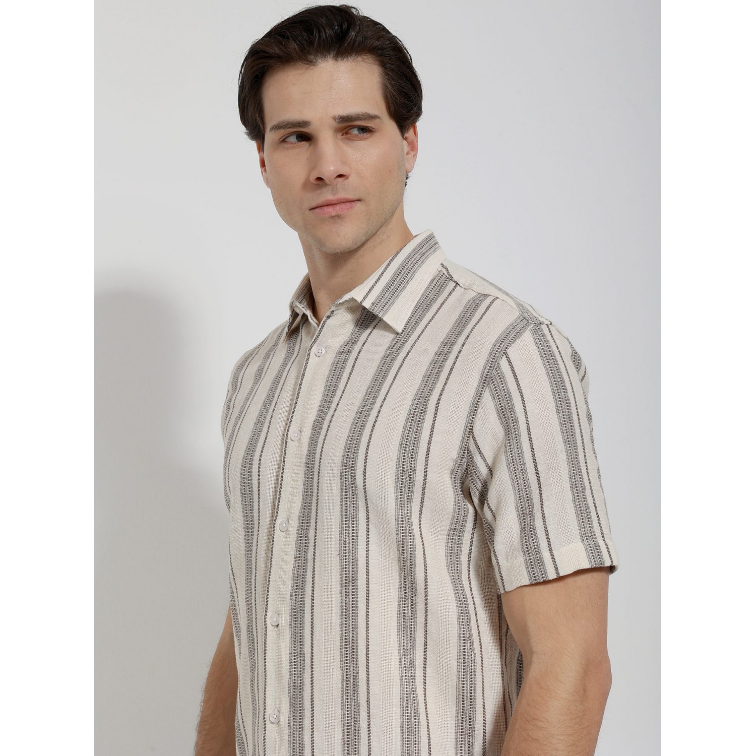 Life Style Butiken Ανδρικό Λινό Πουκάμισο Ριγέ με Κοντό Μανίκι LS133-7935 Μπέζ