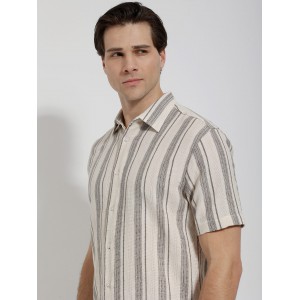 Life Style Butiken Ανδρικό Λινό Πουκάμισο Ριγέ με Κοντό Μανίκι LS133-7935 Μπέζ