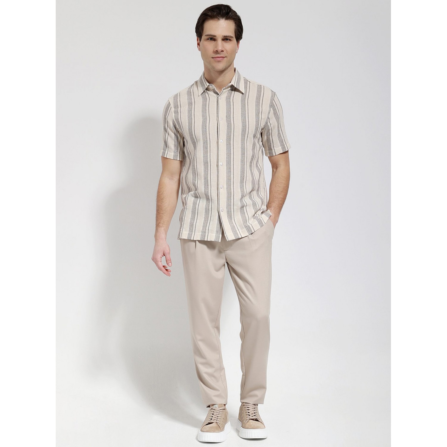 Life Style Butiken Ανδρικό Λινό Πουκάμισο Ριγέ με Κοντό Μανίκι LS133-7935 Μπέζ