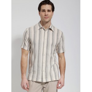 Life Style Butiken Ανδρικό Λινό Πουκάμισο Ριγέ με Κοντό Μανίκι LS133-7935 Μπέζ