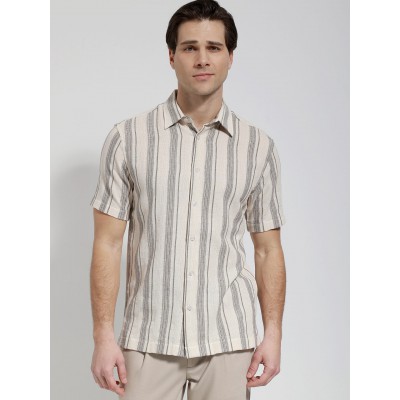 Life Style Butiken Ανδρικό Λινό Πουκάμισο Ριγέ με Κοντό Μανίκι LS133-7935 Μπέζ