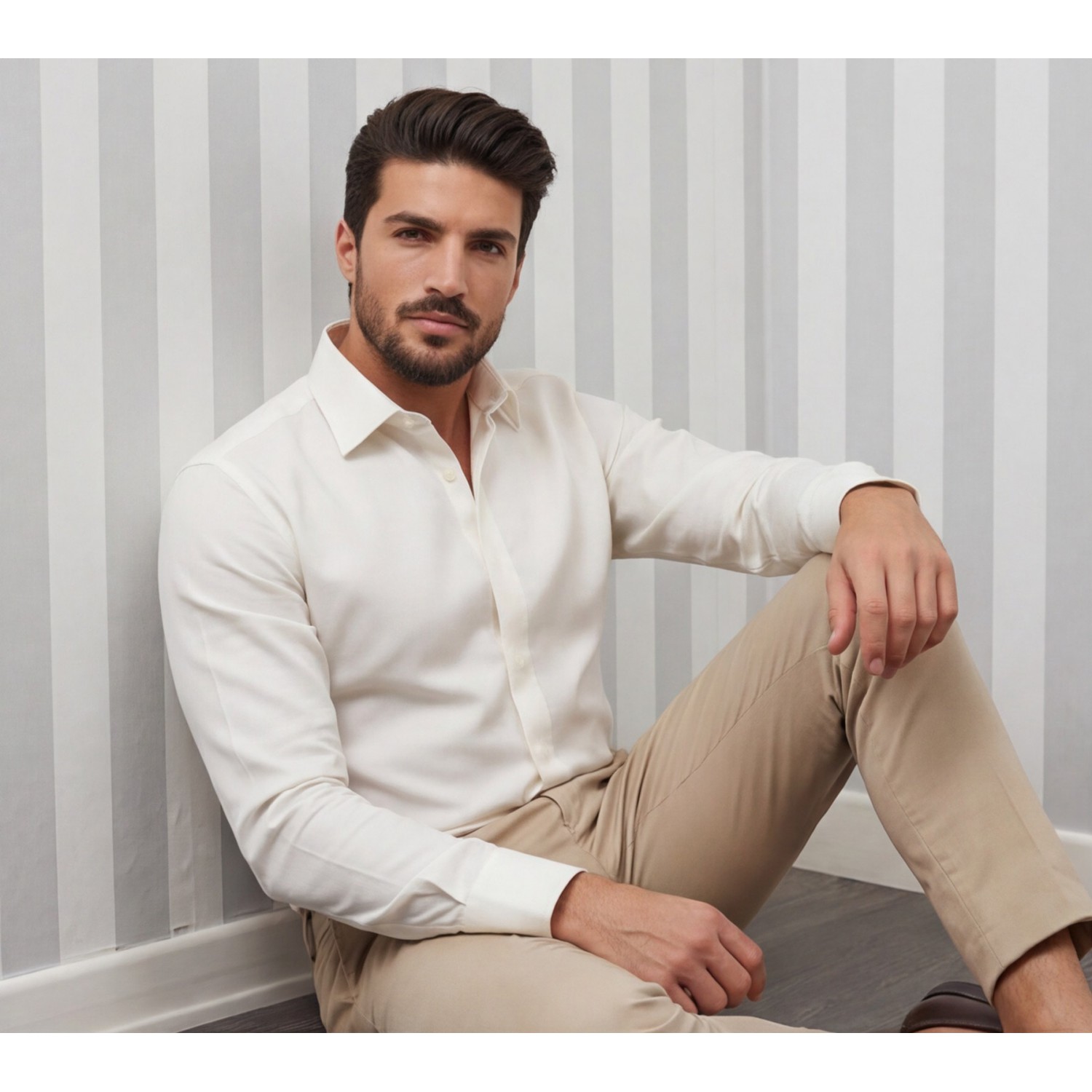 Life Style Butiken Ανδρικό Μακρυμάνικο πουκάμισο Ανάγλυφο Υφασμα Με γιακά και Κρυφά Κουμπιά Regular Fit LS124005 Ecru Ανδρικά