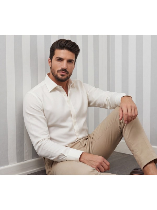 Life Style Butiken Ανδρικό Μακρυμάνικο πουκάμισο Ανάγλυφο Υφασμα Με γιακά και Κρυφά Κουμπιά Regular Fit LS124005 Ecru