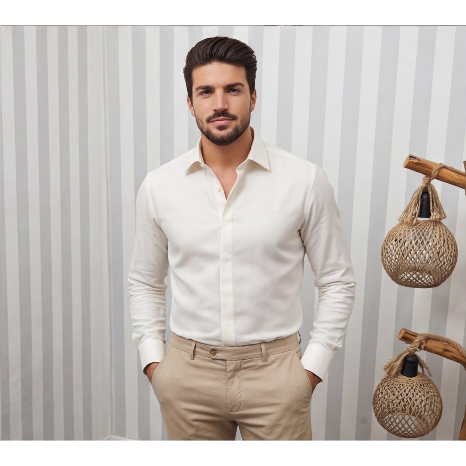 Life Style Butiken Ανδρικό Μακρυμάνικο πουκάμισο Ανάγλυφο Υφασμα Με γιακά και Κρυφά Κουμπιά Regular Fit LS124005 Ecru Ανδρικά
