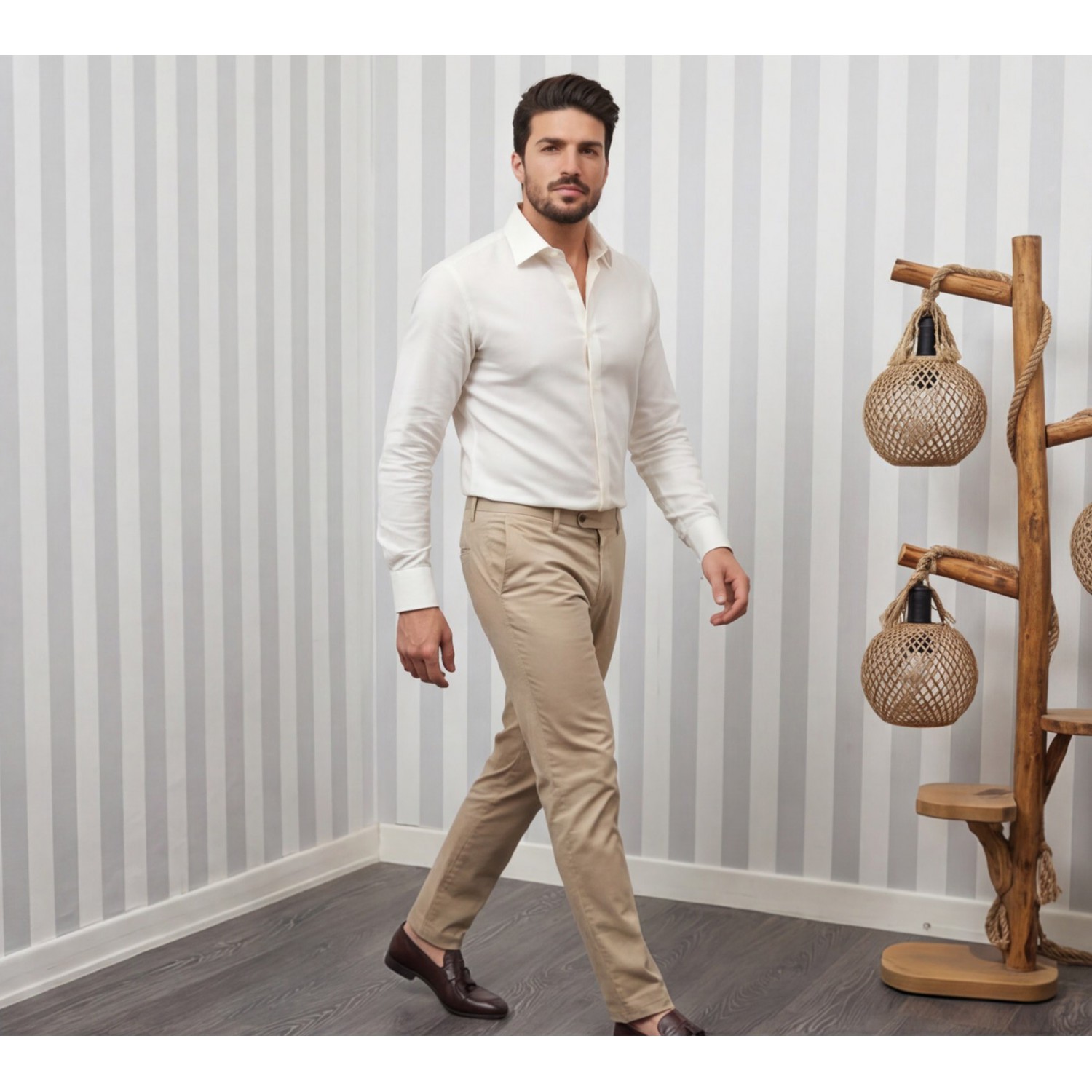 Life Style Butiken Ανδρικό Μακρυμάνικο πουκάμισο Ανάγλυφο Υφασμα Με γιακά και Κρυφά Κουμπιά Regular Fit LS124005 Ecru Ανδρικά
