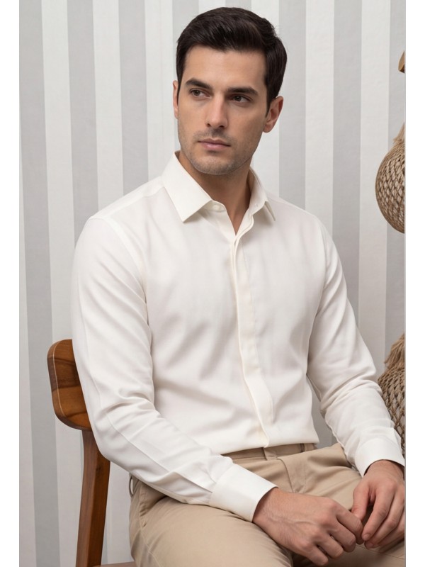 Life Style Butiken Ανδρικό Μακρυμάνικο πουκάμισο Ανάγλυφο Υφασμα Με γιακά και Κρυφά Κουμπιά Slim Fit LS124015 Ecru