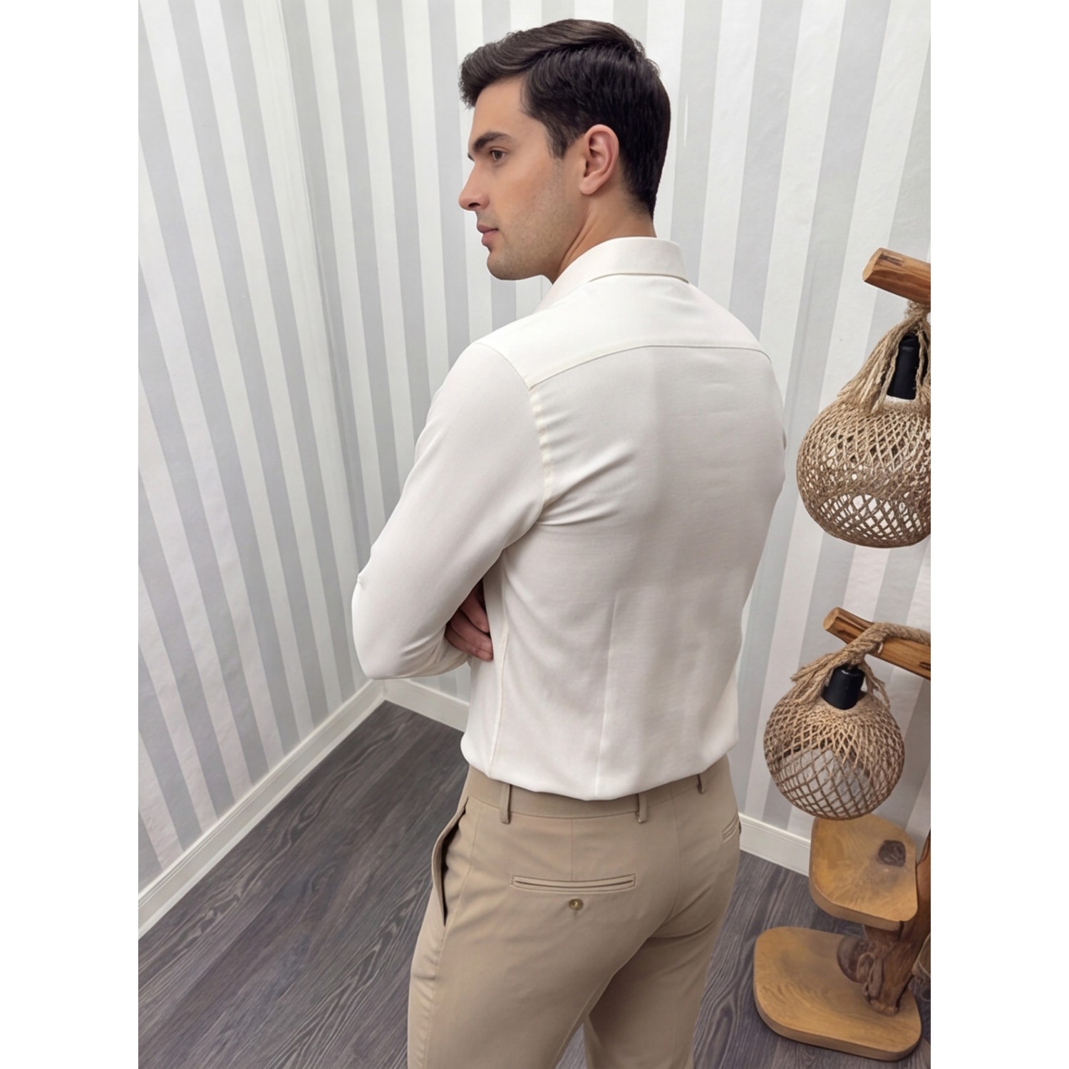 Life Style Butiken Ανδρικό Μακρυμάνικο πουκάμισο Ανάγλυφο Υφασμα Με γιακά και Κρυφά Κουμπιά Slim Fit LS124015 Ecru Ανδρικά