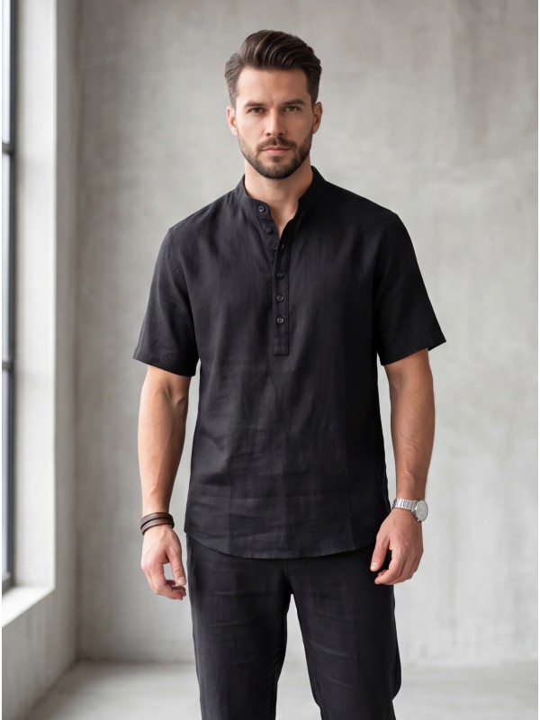 Life Style Butiken Ανδρική Πουκαμίσα Λινή Μάο LS12648525 Black