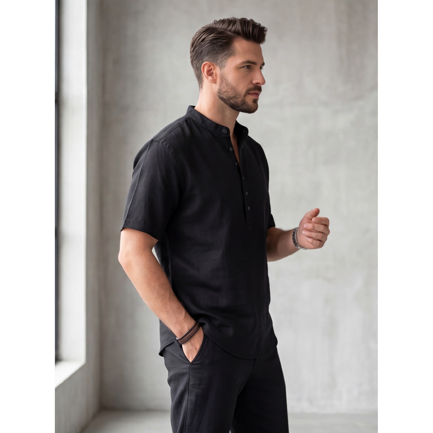 Life Style Butiken Ανδρική Πουκαμίσα Λινή Μάο LS12648525 Black Ανδρικά