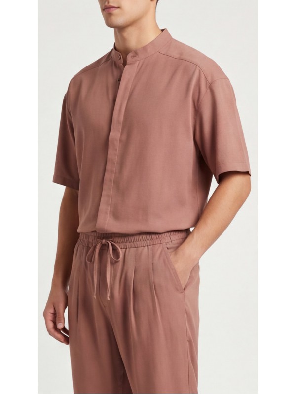 Life Style Butiken Ανδρικό Κοντομάνικο Πουκάμισο Oversize Μαο με κρυφά κουμπιά LS1M5893 Καφέ