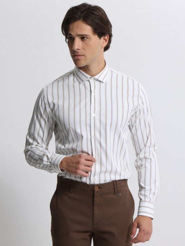 Life Style Butiken Ανδρικό Μακρυμάνικο πουκάμισο Slim LS1447515 Λευκό με ρίγα μπέζ