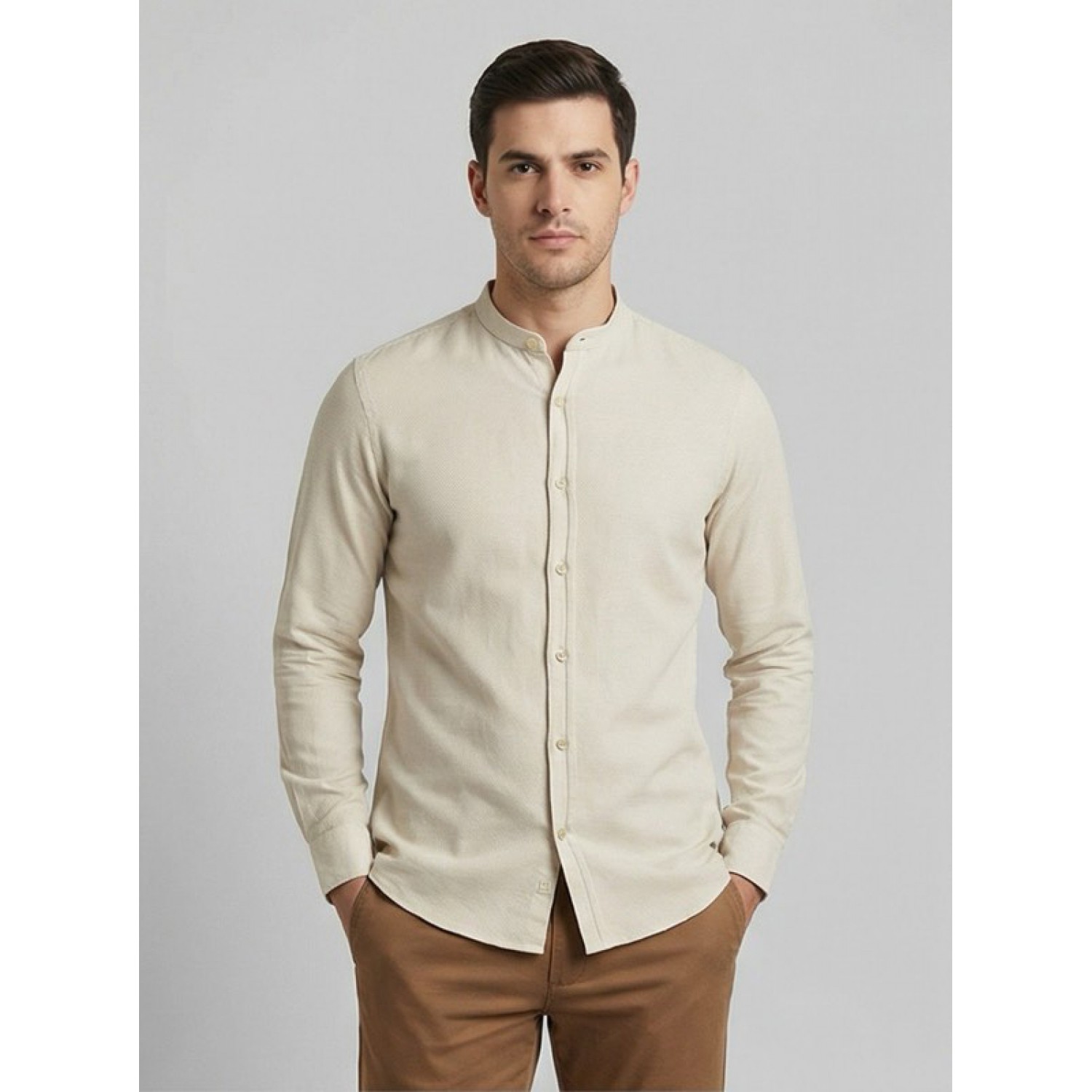 Life Style Butiken Ανδρικό Μακρυμάνικο πουκάμισο Μαο Slim LS125170 Μπεζ