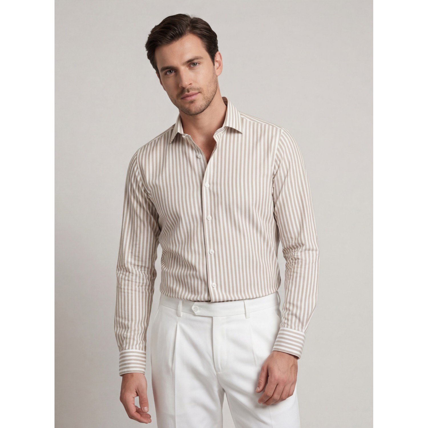 Life Style Butiken Ανδρικό Μακρυμάνικο πουκάμισο ριγέ Slim LS124036 Μπέζ