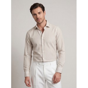 Life Style Butiken Ανδρικό Μακρυμάνικο πουκάμισο ριγέ Slim LS124036 Μπέζ