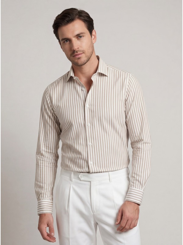 Life Style Butiken Ανδρικό Μακρυμάνικο πουκάμισο ριγέ Slim LS124036 Μπέζ