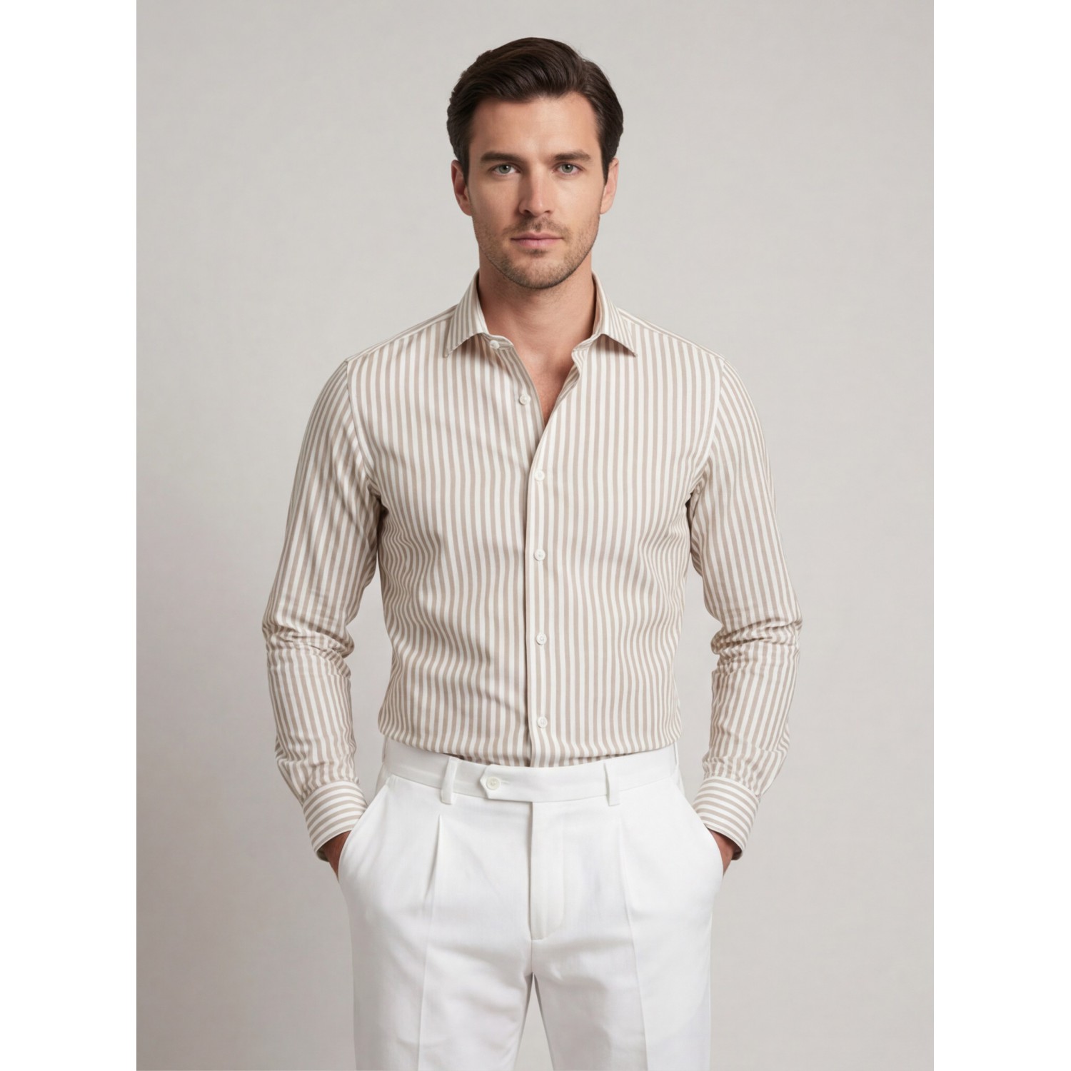 Life Style Butiken Ανδρικό Μακρυμάνικο πουκάμισο ριγέ Slim LS124036 Μπέζ