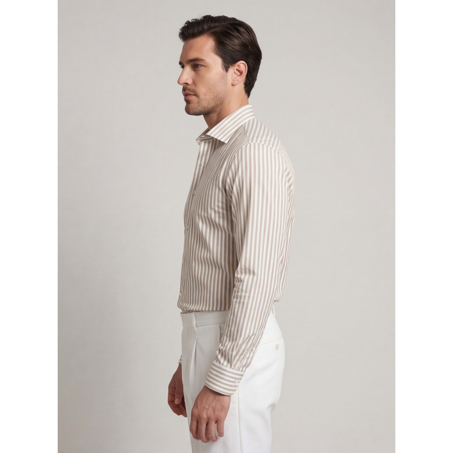 Life Style Butiken Ανδρικό Μακρυμάνικο πουκάμισο ριγέ Slim LS124036 Μπέζ