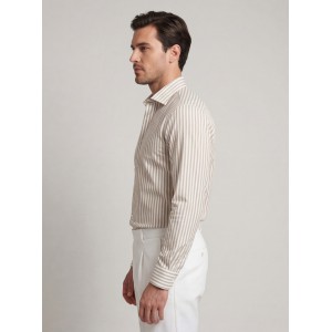 Life Style Butiken Ανδρικό Μακρυμάνικο πουκάμισο ριγέ Slim LS124036 Μπέζ