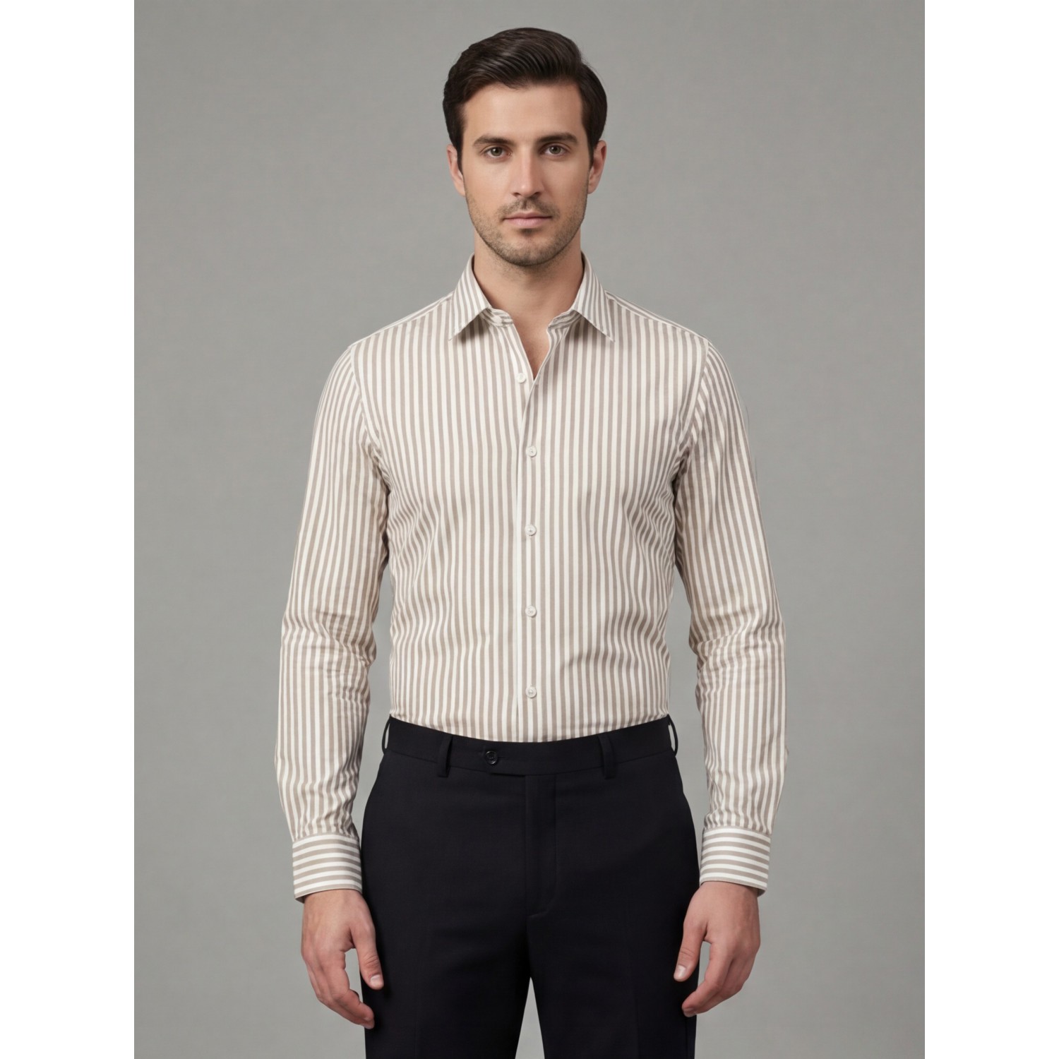 Life Style Butiken Ανδρικό Μακρυμάνικο πουκάμισο ριγέ Regular Fit LS124359 Μπεζ