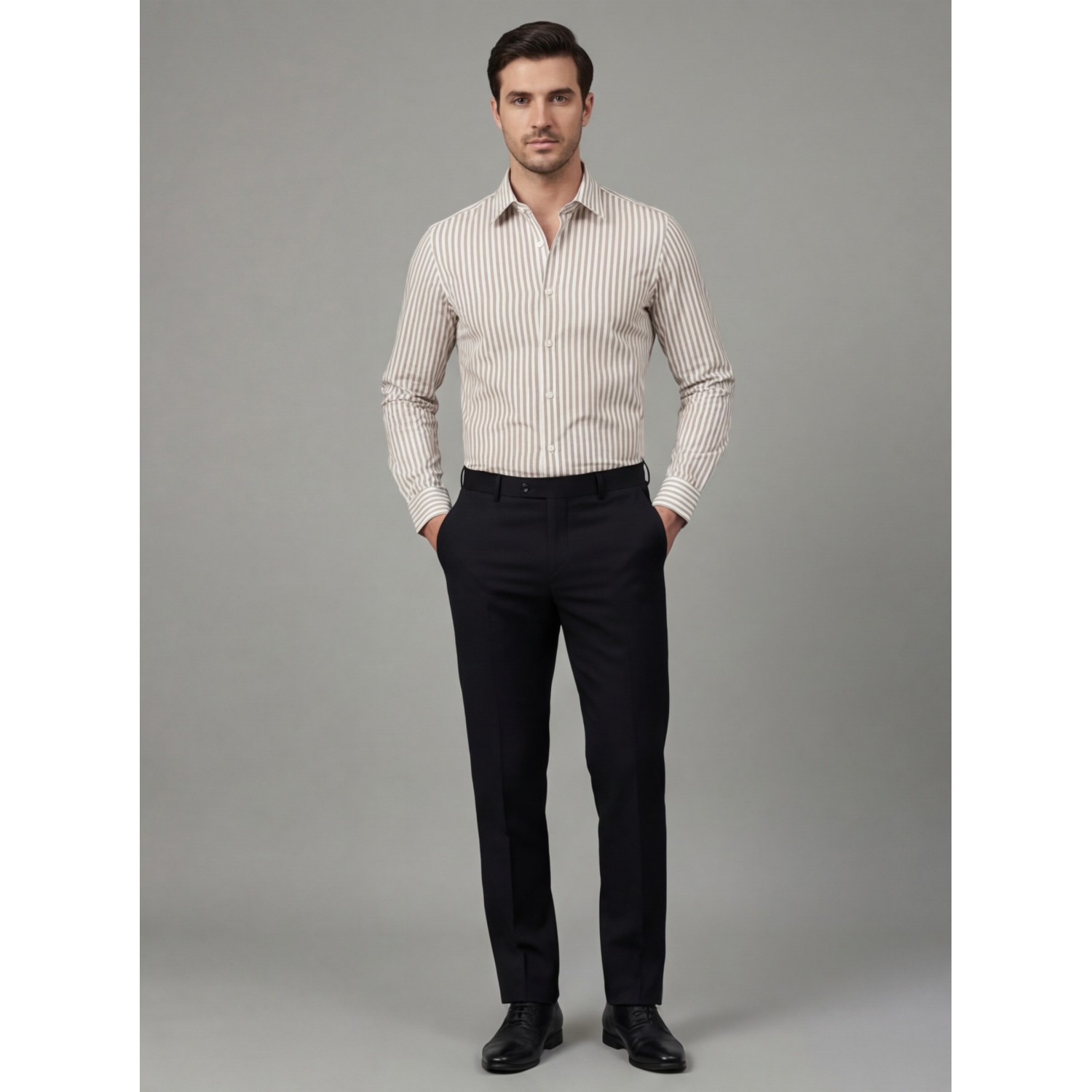 Life Style Butiken Ανδρικό Μακρυμάνικο πουκάμισο ριγέ Regular Fit LS124359 Μπεζ