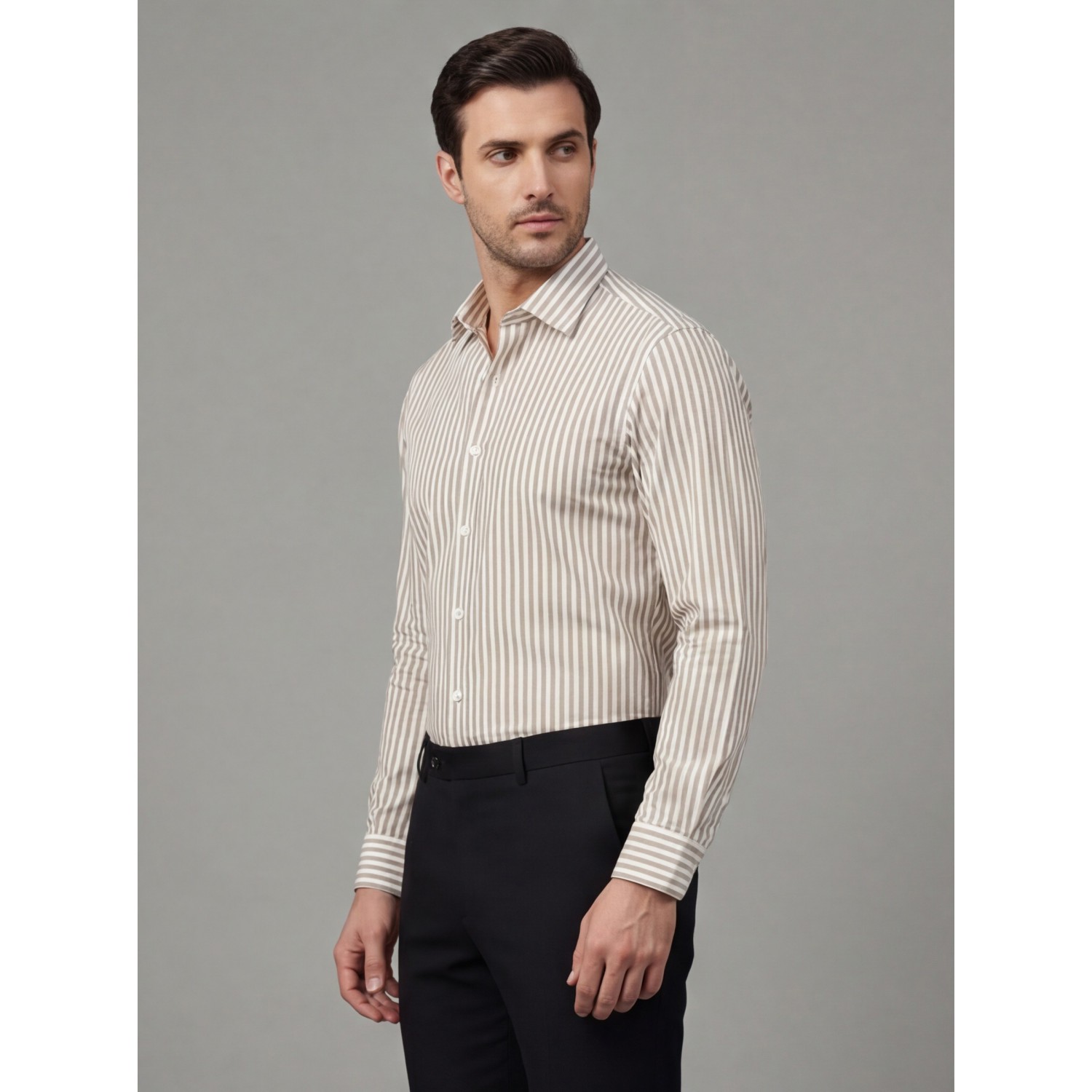 Life Style Butiken Ανδρικό Μακρυμάνικο πουκάμισο ριγέ Regular Fit LS124359 Μπεζ