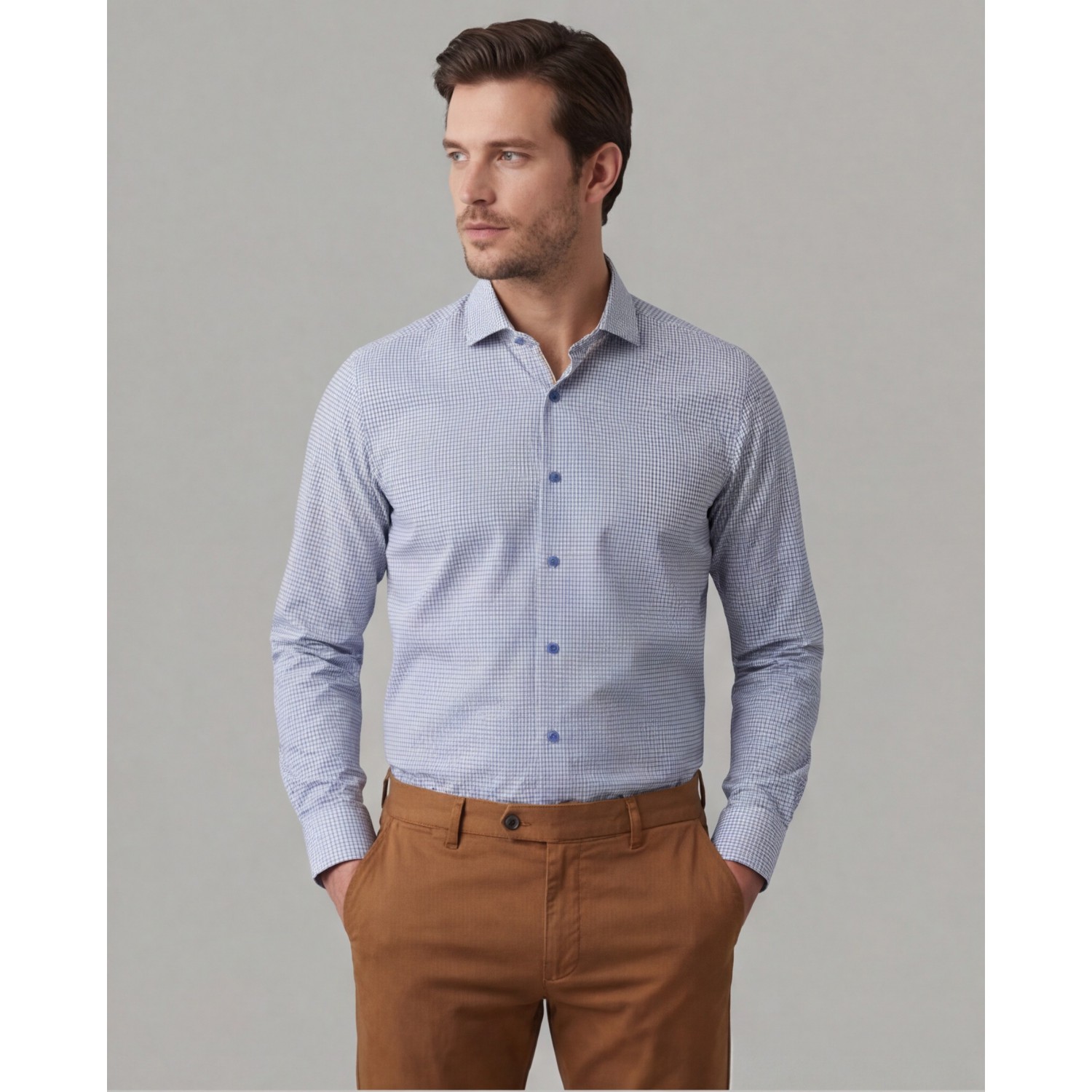 Life Style Butiken Ανδρικό Μακρυμάνικο πουκάμισο με μικροσχέδια Slim Fit LS125139 Σιέλ