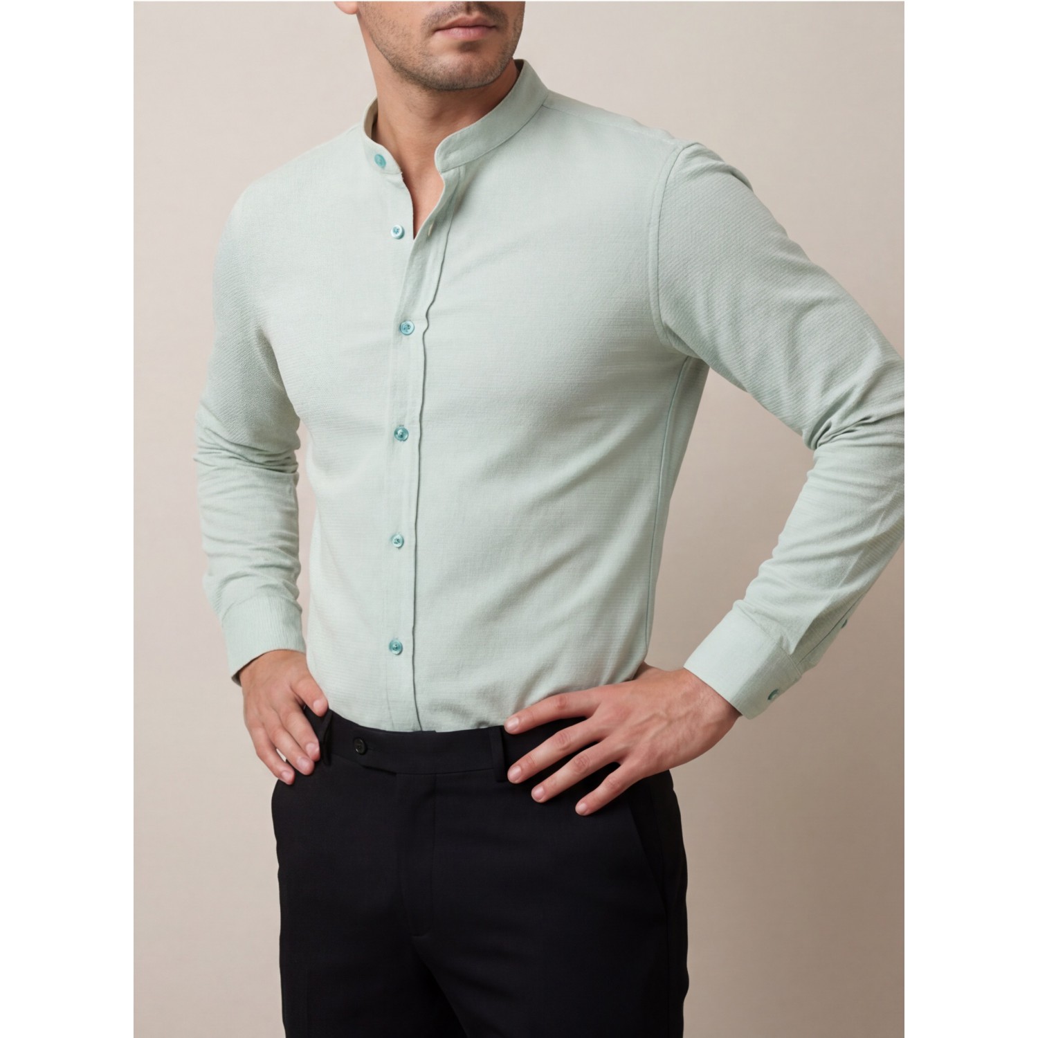 Life Style Butiken Ανδρικό Μακρυμάνικο πουκάμισο με Μάο Γιακά Regular Fit LS125158 Μέντα